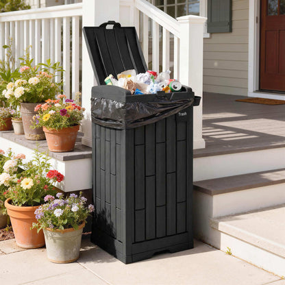 110 L Outdoor Bin with Dual Lid, Waterproof Plastic Trash Bin with Ashtray and Drip Tray, Garden Waste Trash Bin, Black