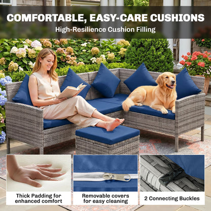 5 Pieces Rattan Garden Furniture Set with Dining Table, Cushions - Dark Blue