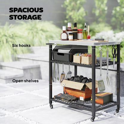 Outdoor Grill Cart with Stainless Steel Tabletop, 3-Tier Pizza Oven Stand with 2 Shelves, 6 Hooks, Wheels, Black
