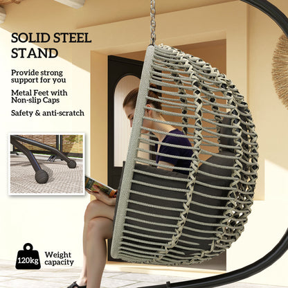 Outdoor Swing Chair with Thick Padded Cushion, Patio Hanging Egg Chair with Metal Stand, Foldable Basket, Cup Holder