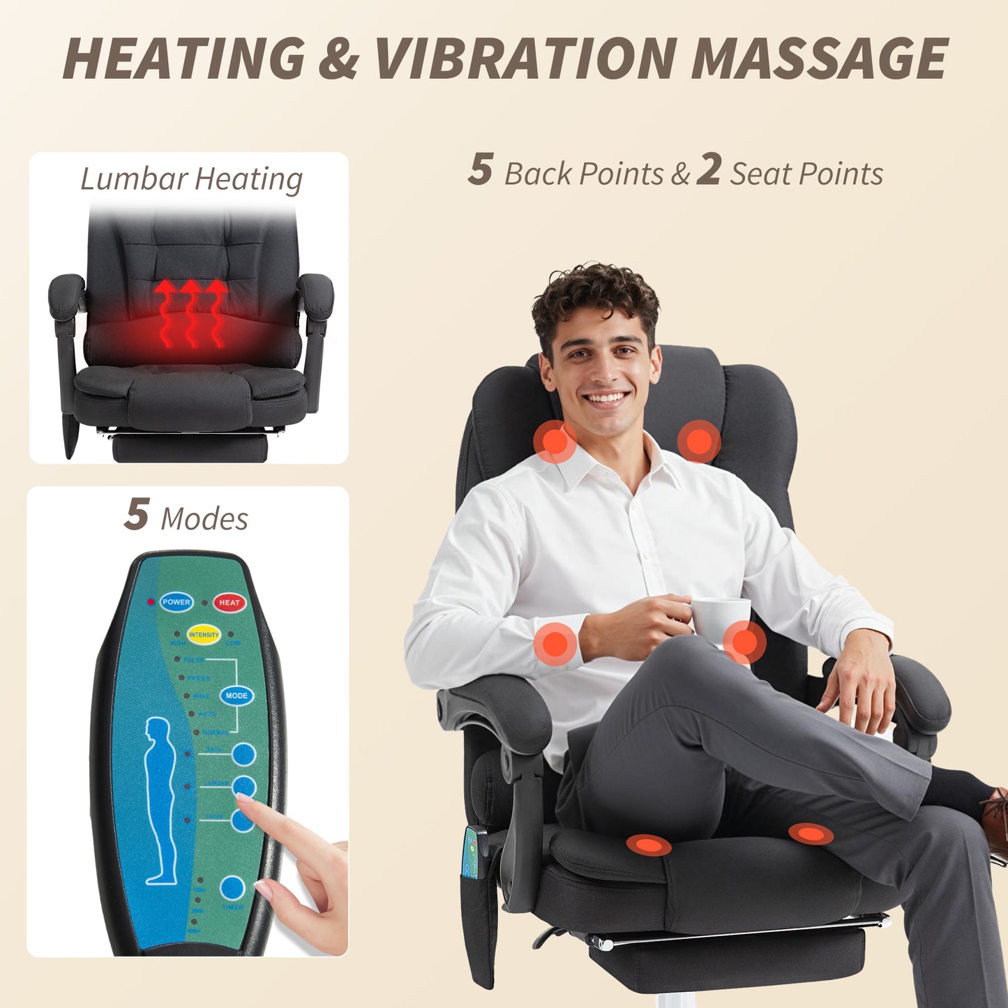 Six-Point Massage and Heated Office Chair with 135°Recline Back - Black