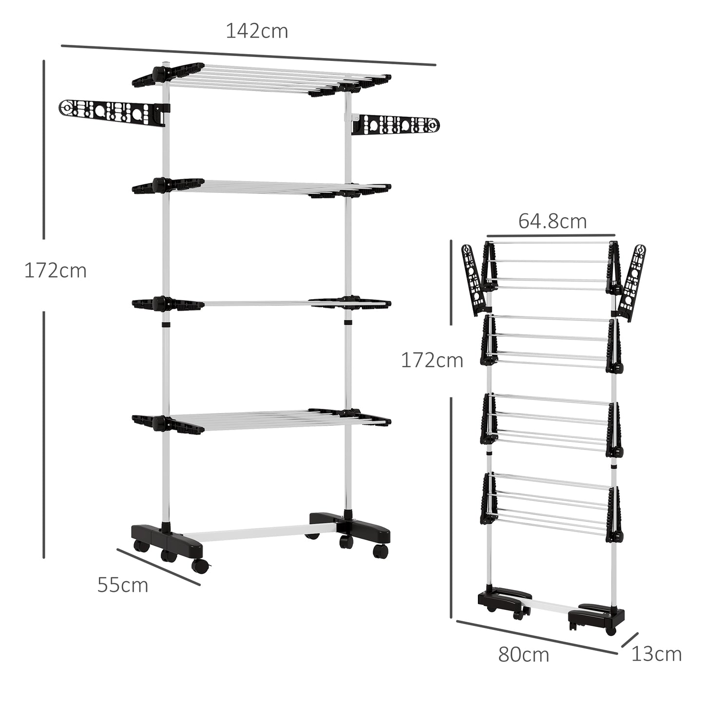 Four-Shelf Collapsing Clothes Horse, With Side Arms and Wheels - Black