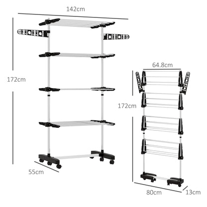 Four-Shelf Collapsing Clothes Horse, With Side Arms and Wheels - Black
