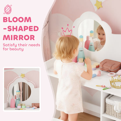 Kids Dressing Table with Mirror, Stool, Kids Vanity Table with Shelves, for Ages 3-8 Years, White