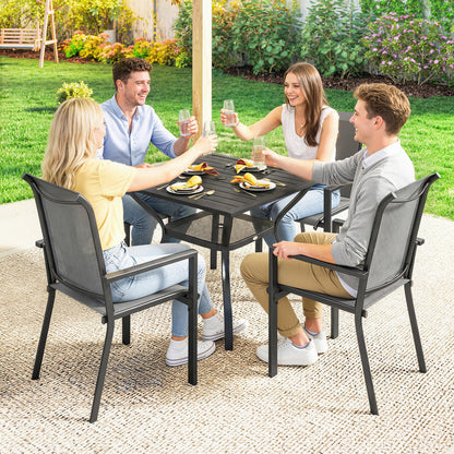 5 Pieces Outdoor Dining Set for 4, Garden Table and Stackable Chairs with Breathable Mesh Seat and Parasol Hole, Grey