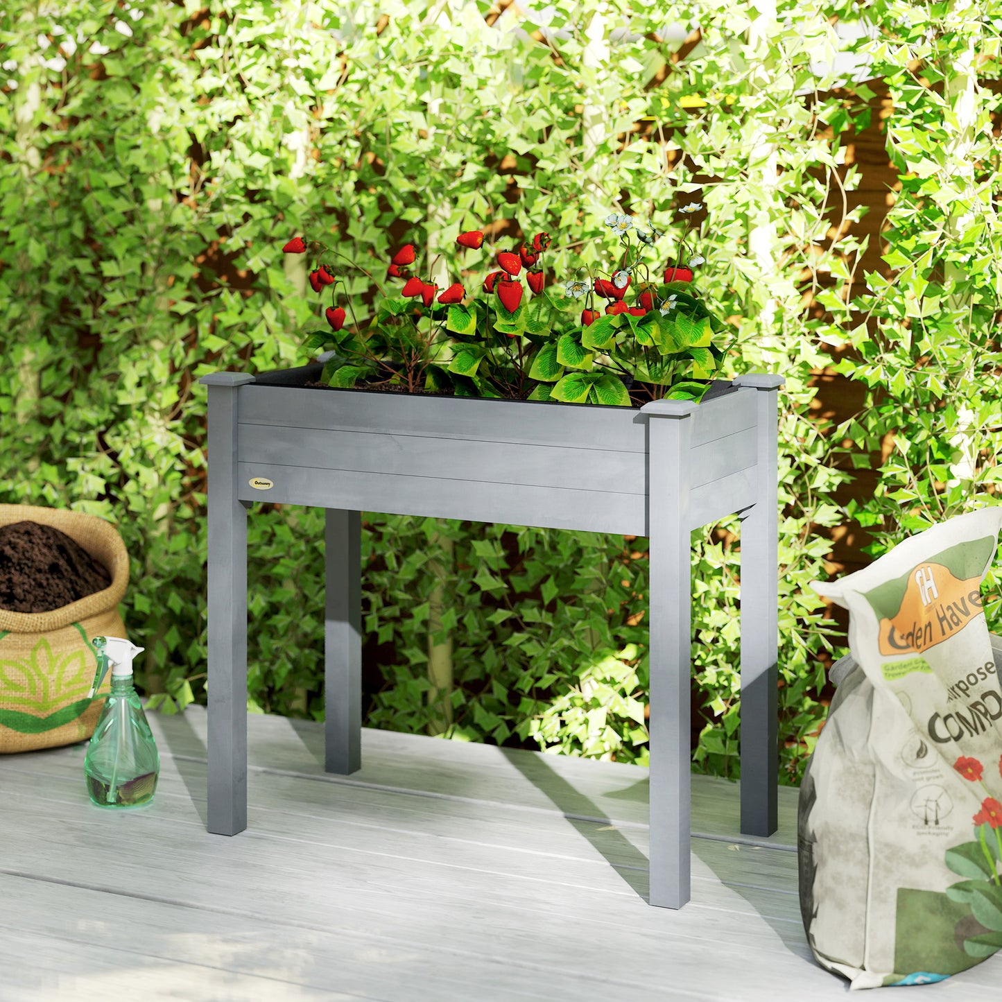 Raised Bed for Garden, Wooden Elevated Planter Box with Bed Liner, for Flower Vegetable Herb, Dark Grey