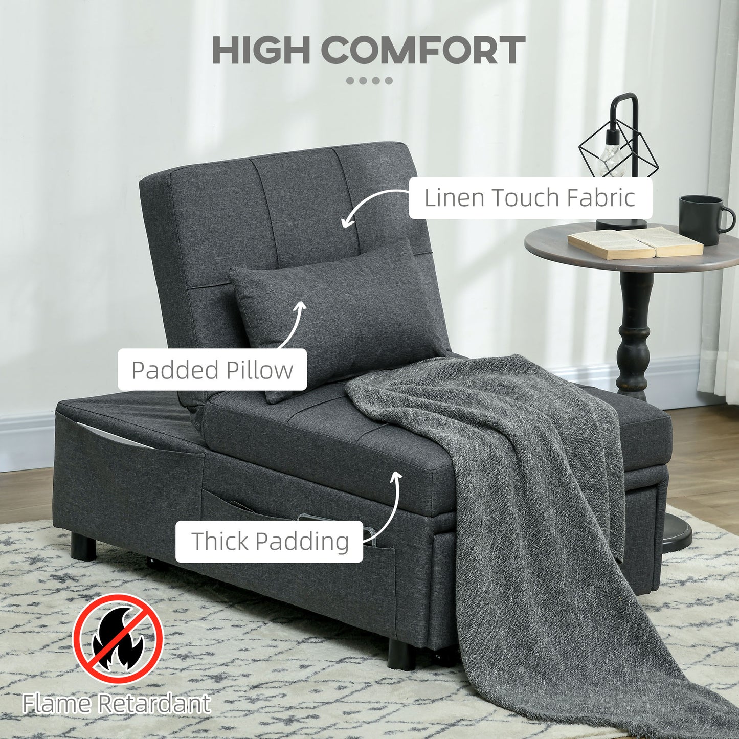 Convertible Chair Bed with Padding Seat, 4-in-1 Multi-Functional Sleeper Sofa Bed, Recliner with Adjustable Backrest