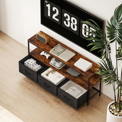 TV Stand Cabinet with 3 Foldable Drawers - Rustic Brown