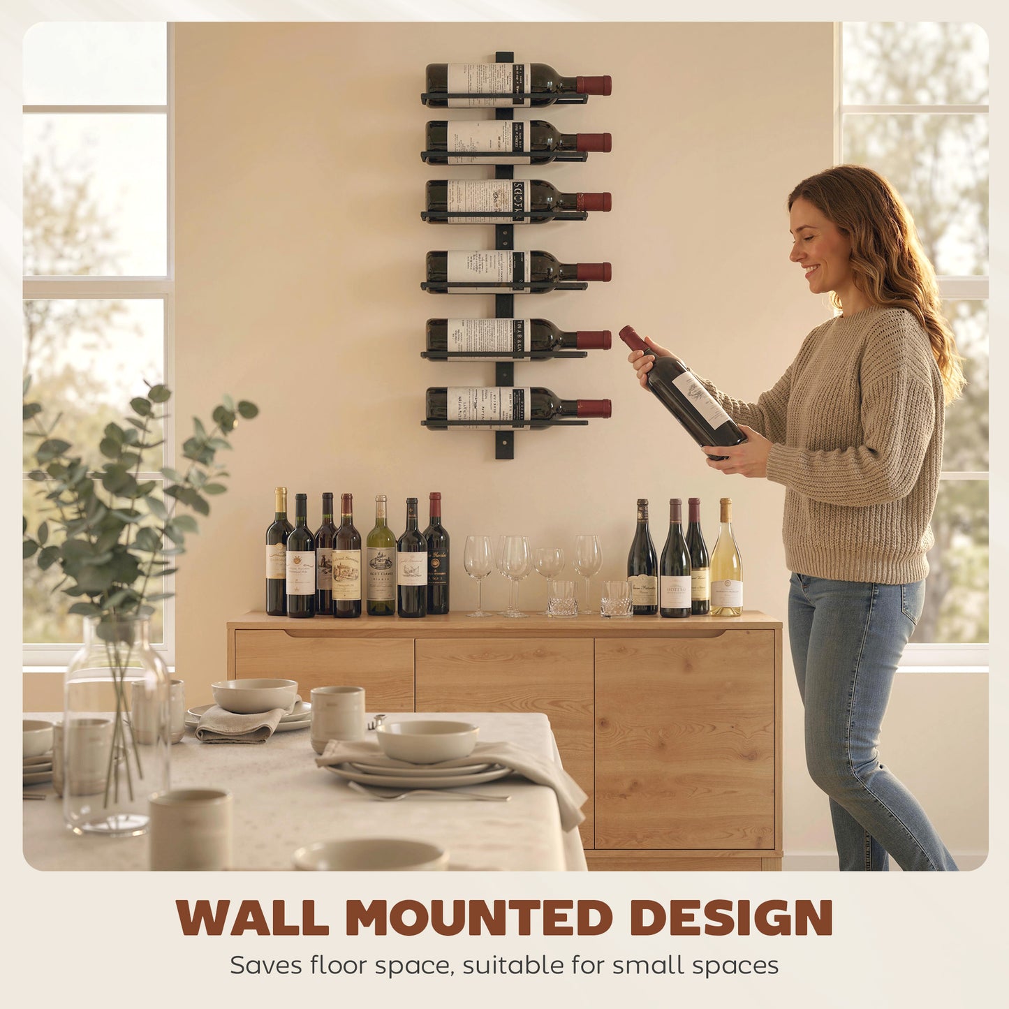 Wall Mounted Wine Rack, 6 Tier Metal Wine Display Rack, Storage Holder for Kitchen, Black