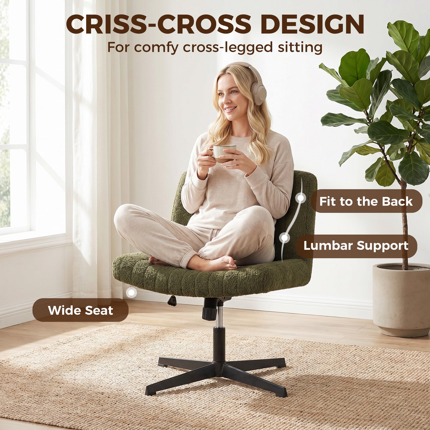 Teddy Fleece Criss Cross Legged Desk Chair, Armless Office Chair No Wheels, Green