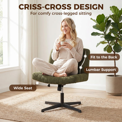 Teddy Fleece Criss Cross Legged Desk Chair, Armless Office Chair No Wheels, Green