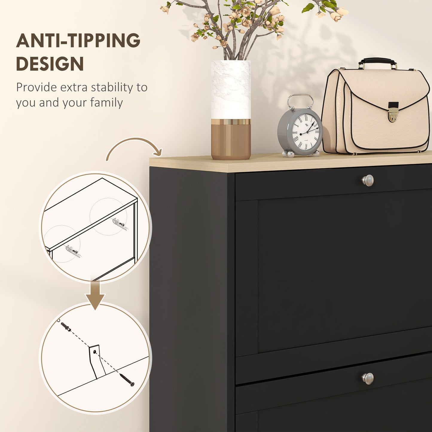 Modern Compact Three-Drawer Shoe Storage Cabinet - Black