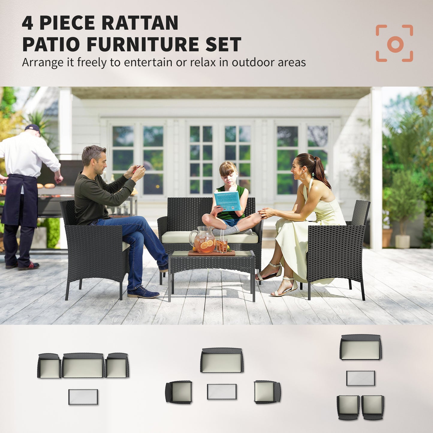 4 Piece Rattan Garden Furniture Sofa Set with Loveseat, Armchairs, Glass-Top Coffee Table and Cushions, Cream White