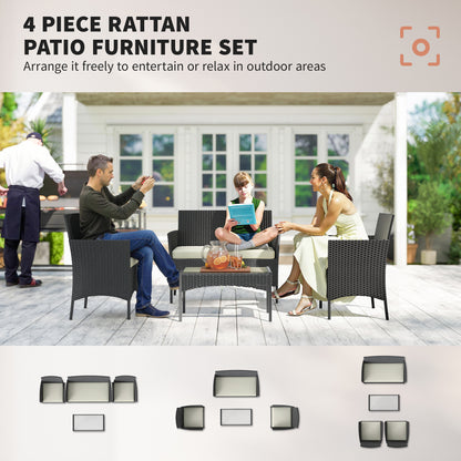 4 Piece Rattan Garden Furniture Sofa Set with Loveseat, Armchairs, Glass-Top Coffee Table and Cushions, Cream White