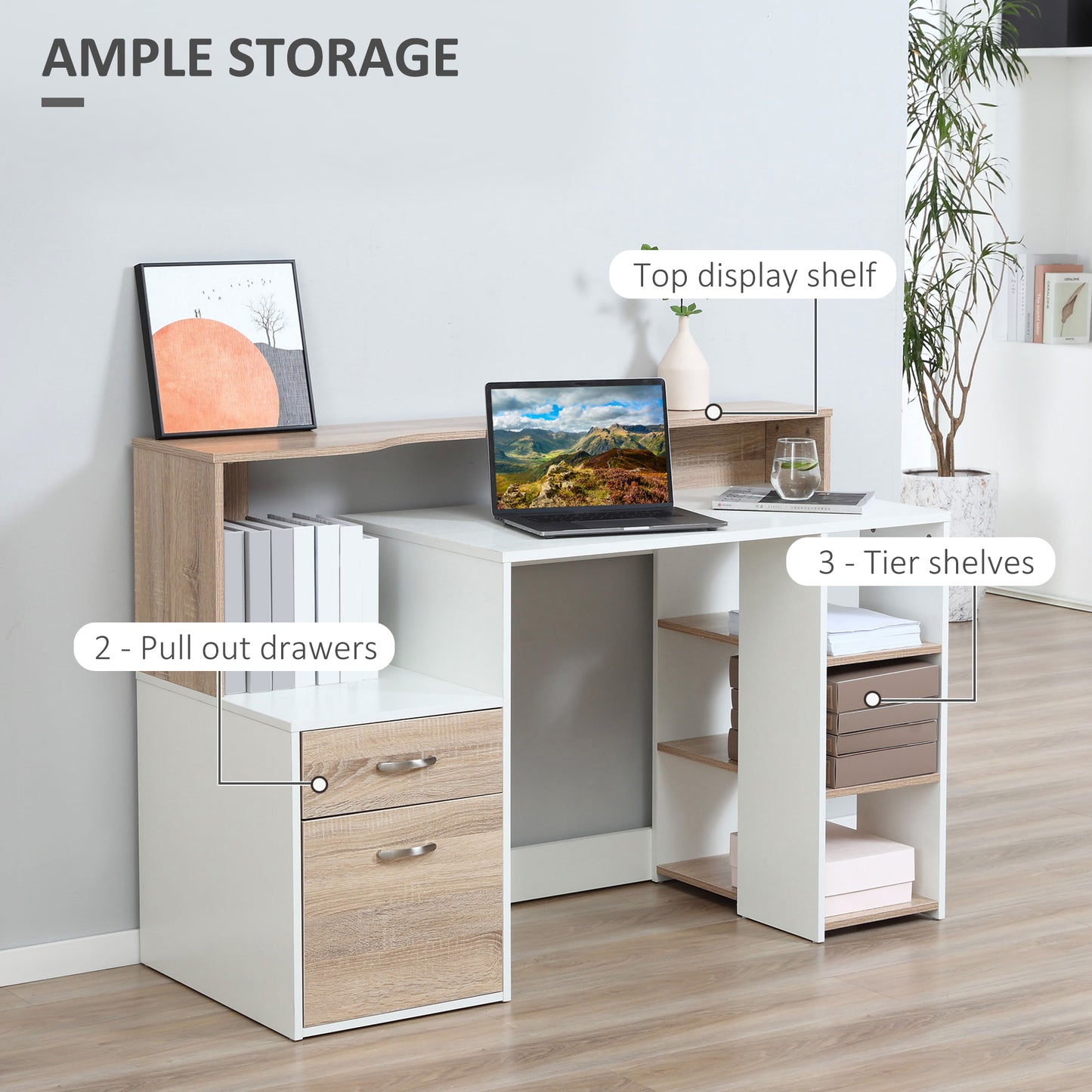 Computer Desk with Drawers and Storage Shelves, Office Desk Writing Table with Printer Stand