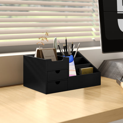 Desk Organiser Holder, Bamboo Multi-Function Storage Caddy with 7 Storage Compartments and 2 Drawers for Home Office Stationa