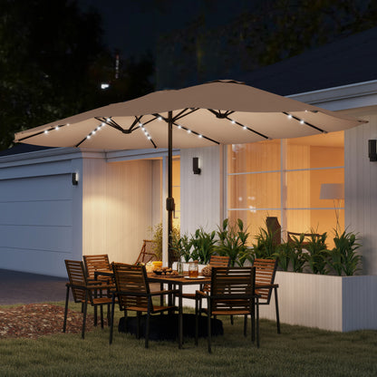 Patio Umbrella Double-Sided Outdoor Umbrella with Solar Lights Base, Khaki