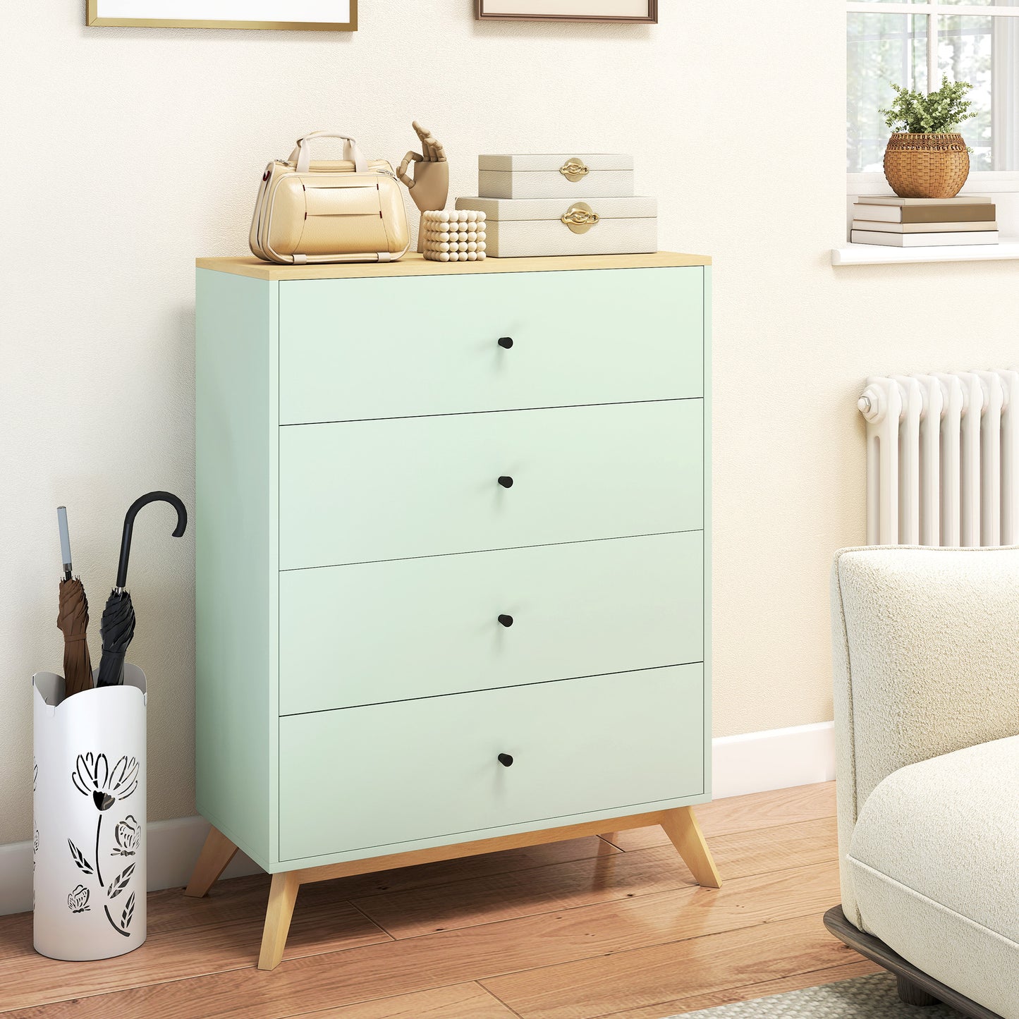 4 Drawer Storage Cabinet, Chest of Drawers for Bedroom Living Room, Light Green and Oak