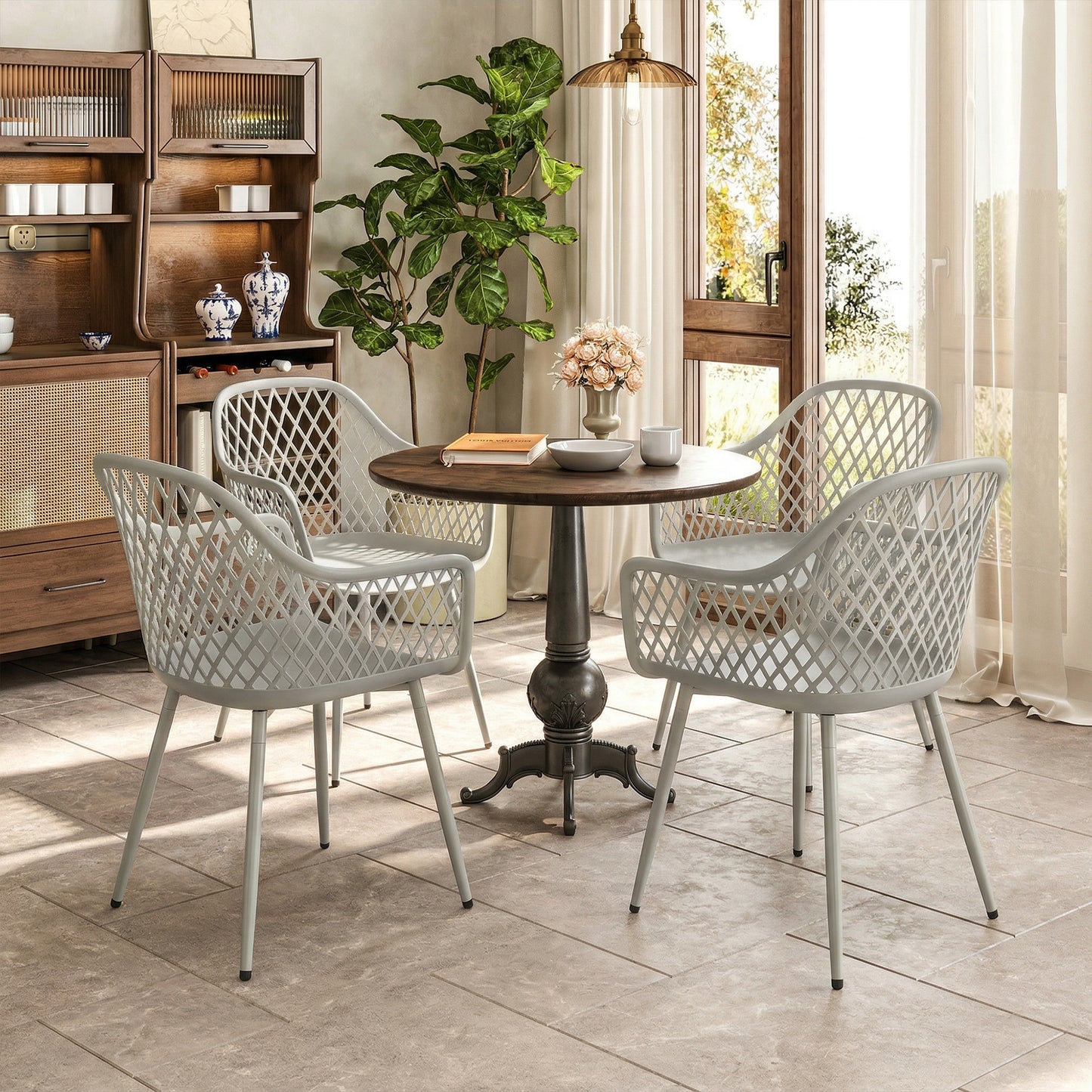 Garden Chairs Set of 4, Garden Dining Chairs with Cut Out Diamond Back and Armrests for Patio, Balcony, Terrace, Grey