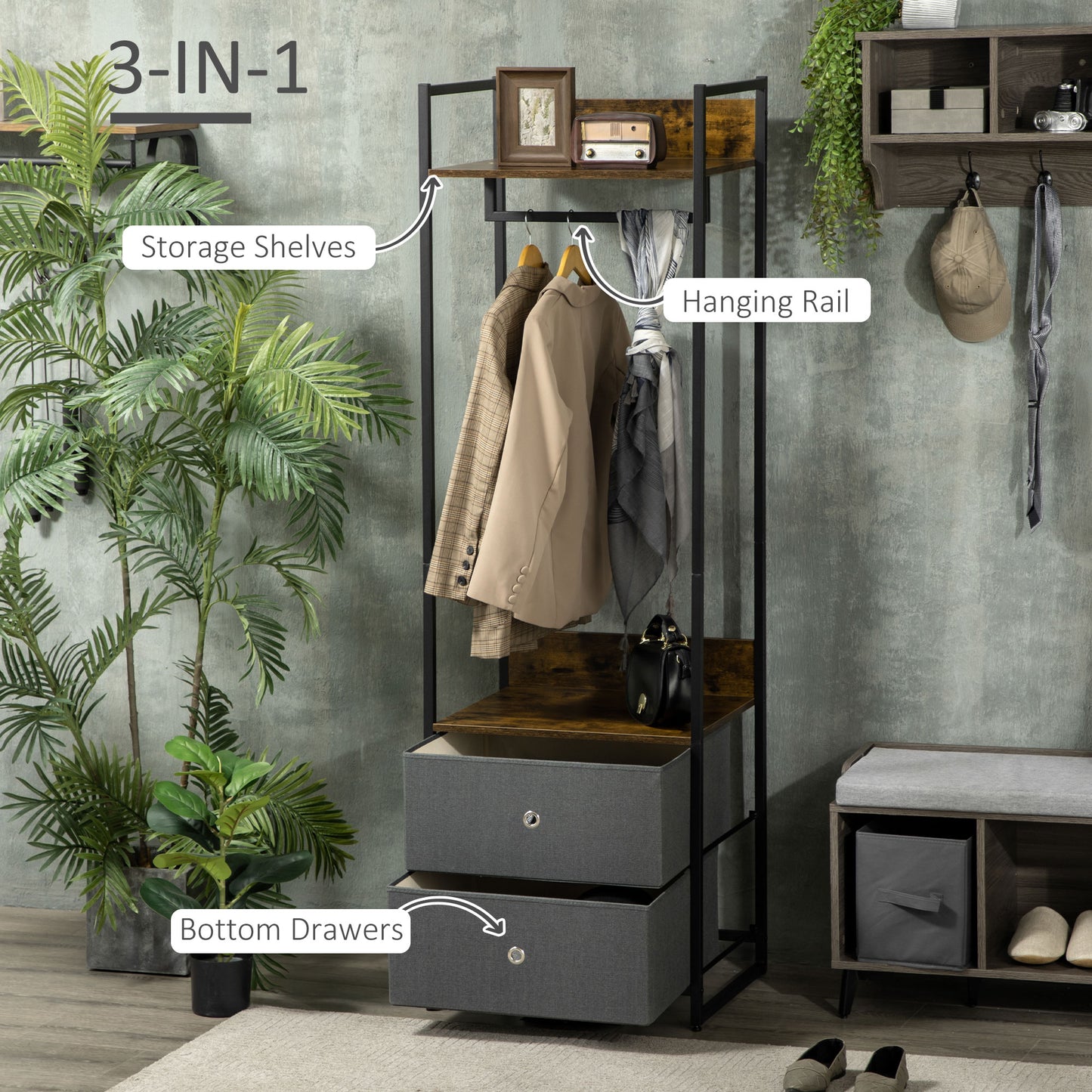 Clothes Rail, Metal Coat Stand, Garment Rack with 2 Fabric Storage Drawers, Single Wardrobe for Bedroom, Hallway