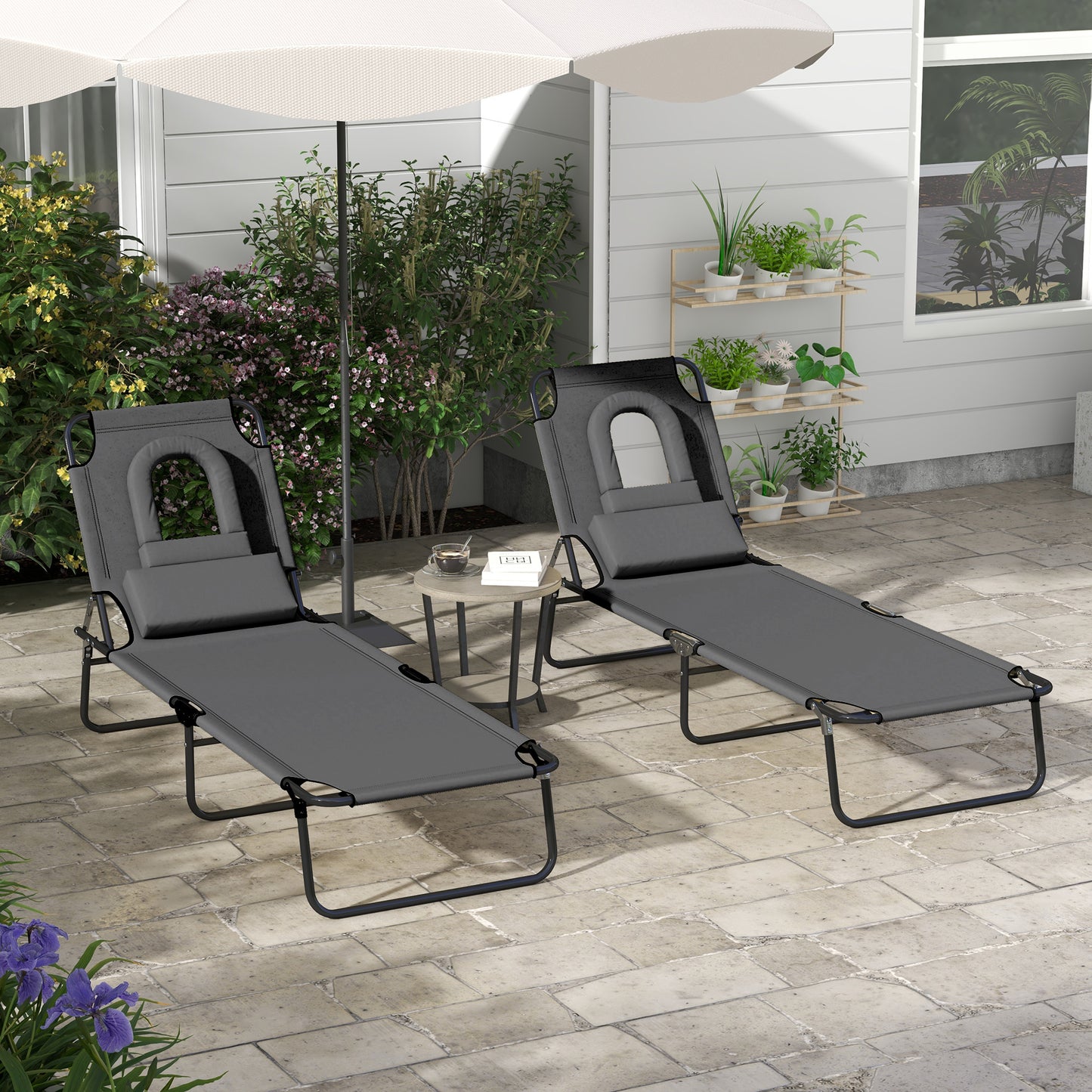 Folding Sun Loungers Set of 2 with Face Hole, 4-Position Adjustable Backrest Garden Recliner Chair Sunbed