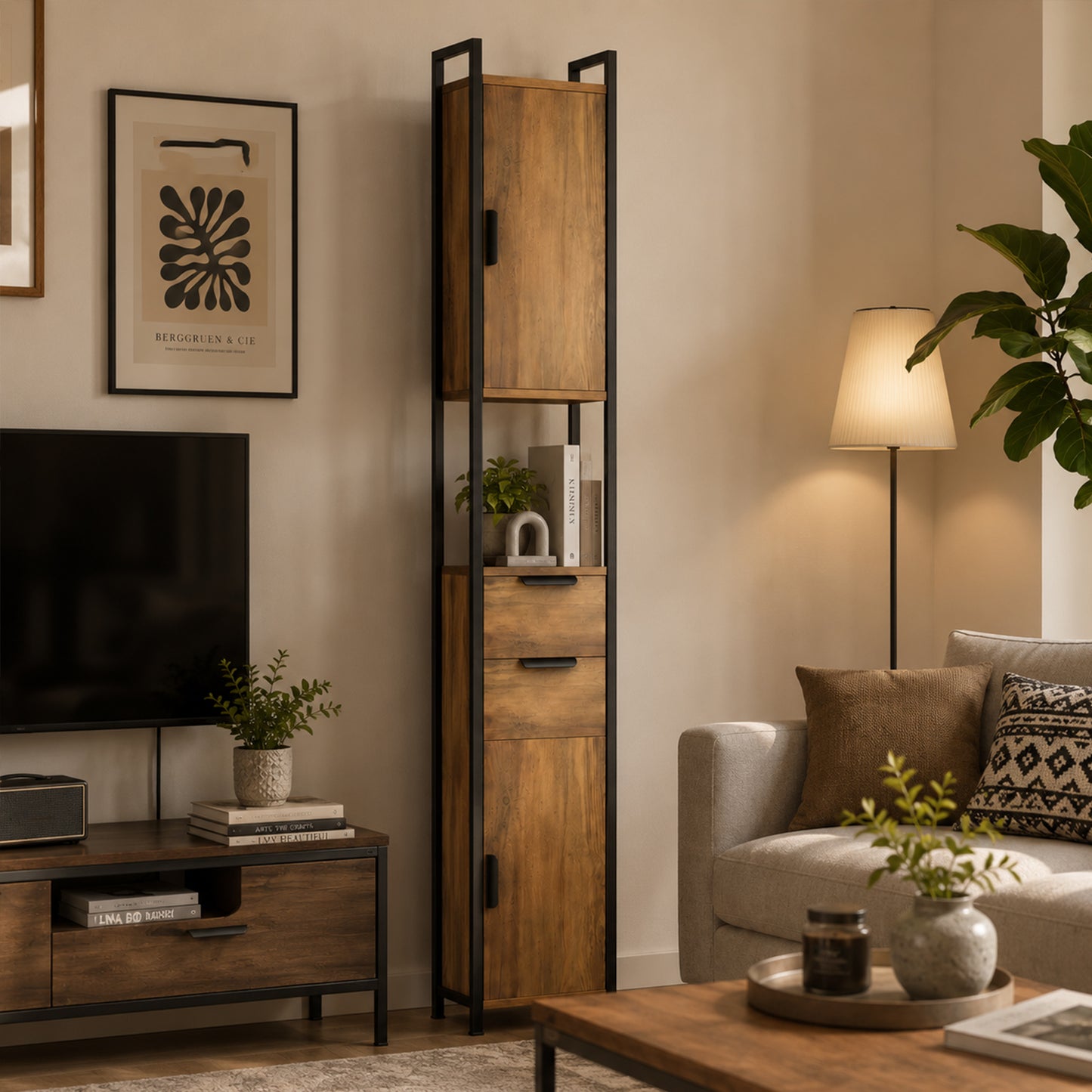Freestanding Bathroom Cabinet, Tall Bathroom Storage Cabinet with Drawers and Shelves, Linen Storage, Brown