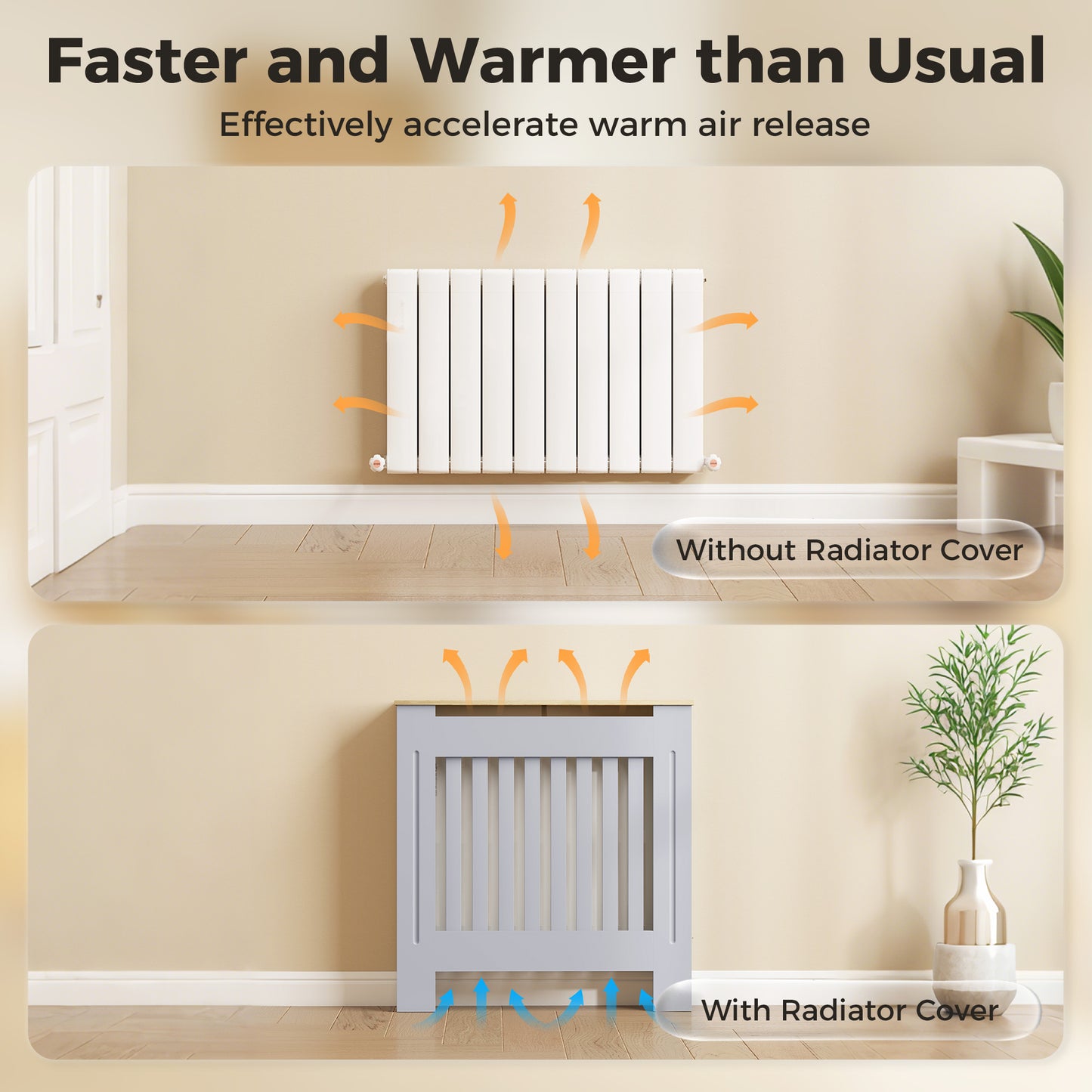 Heater Cover, Radiator Cover Slatted Painted MDF Lined Grill Grey, 78L x 19W x 81H cm