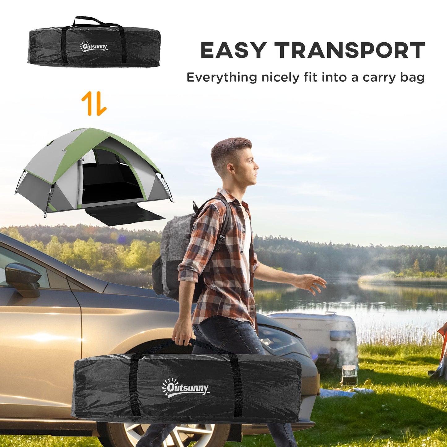 Two Man Single Room Dome Tent, with Accessories - Green/Grey