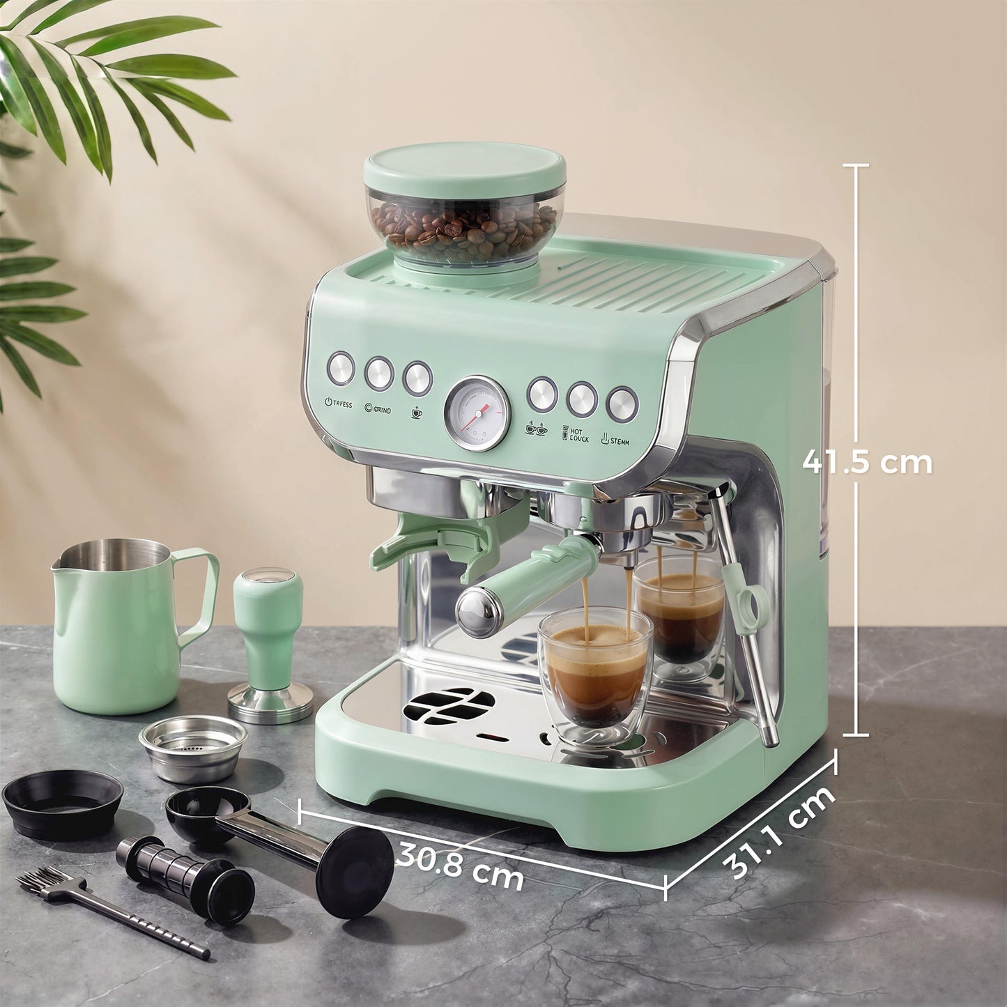15 Bar Coffee Machine, with Adjustable Grind, Steamer and Accessories - Light Green