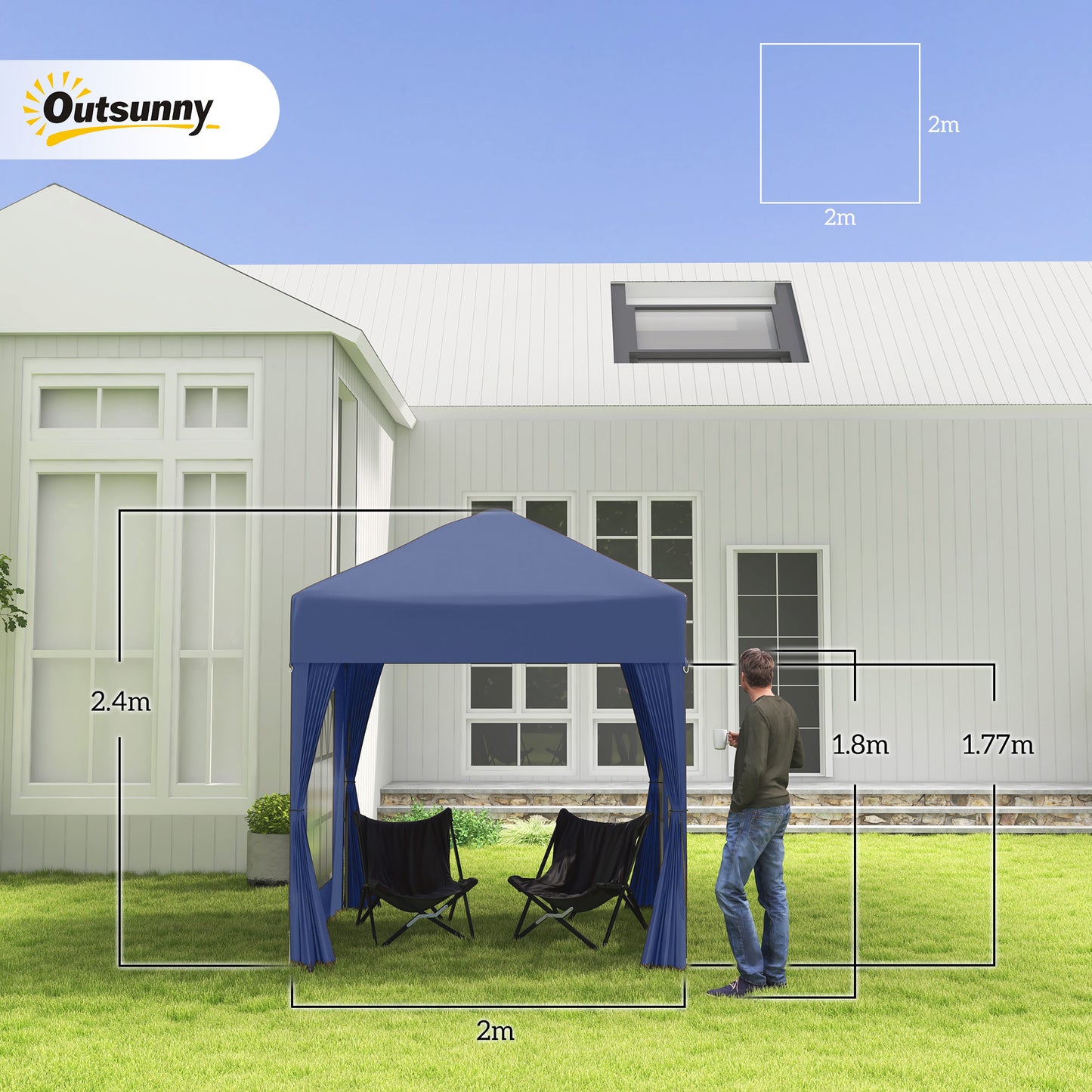 2 x 2 m Garden Pop Up Gazebo, Wedding Party Tent Marquee, Water Resistant Awning Canopy with Sidewalls, Windows, Carry Bag