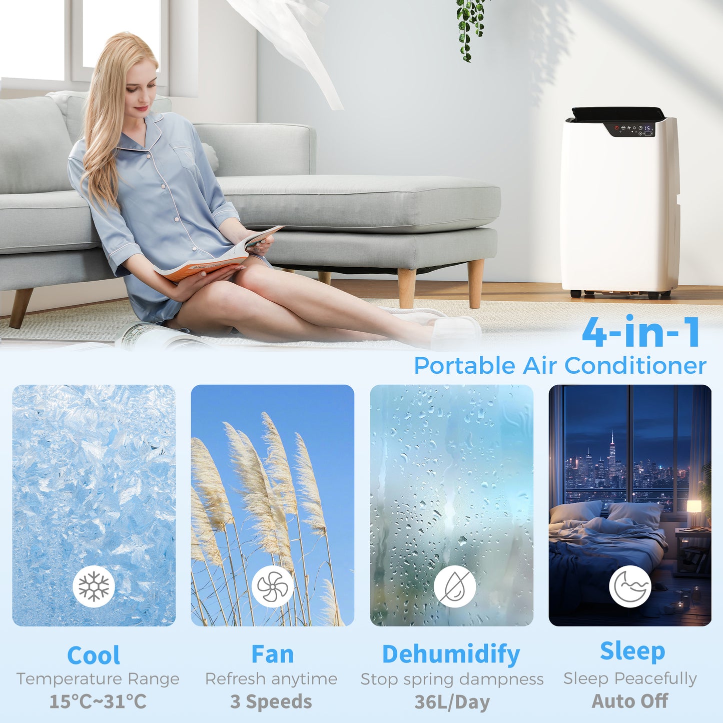 Portable Air Conditioner 14000 BTU, 4-in-1 AC Unit with Cool, Dehumidifier, Fan, Sleep Mode, WiFi Voice Remote Control