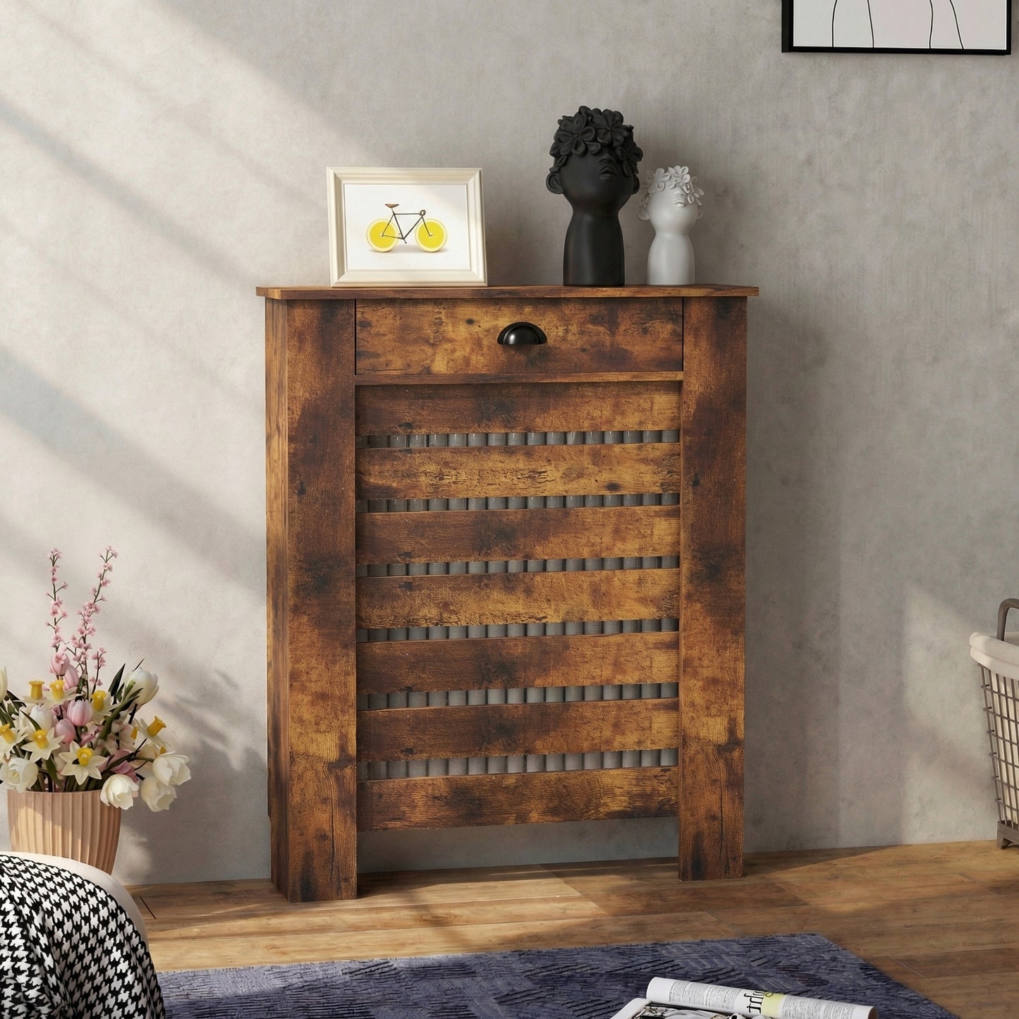 95.5H x 78Wcm Radiator Cover, with Drawer - Rustic Brown
