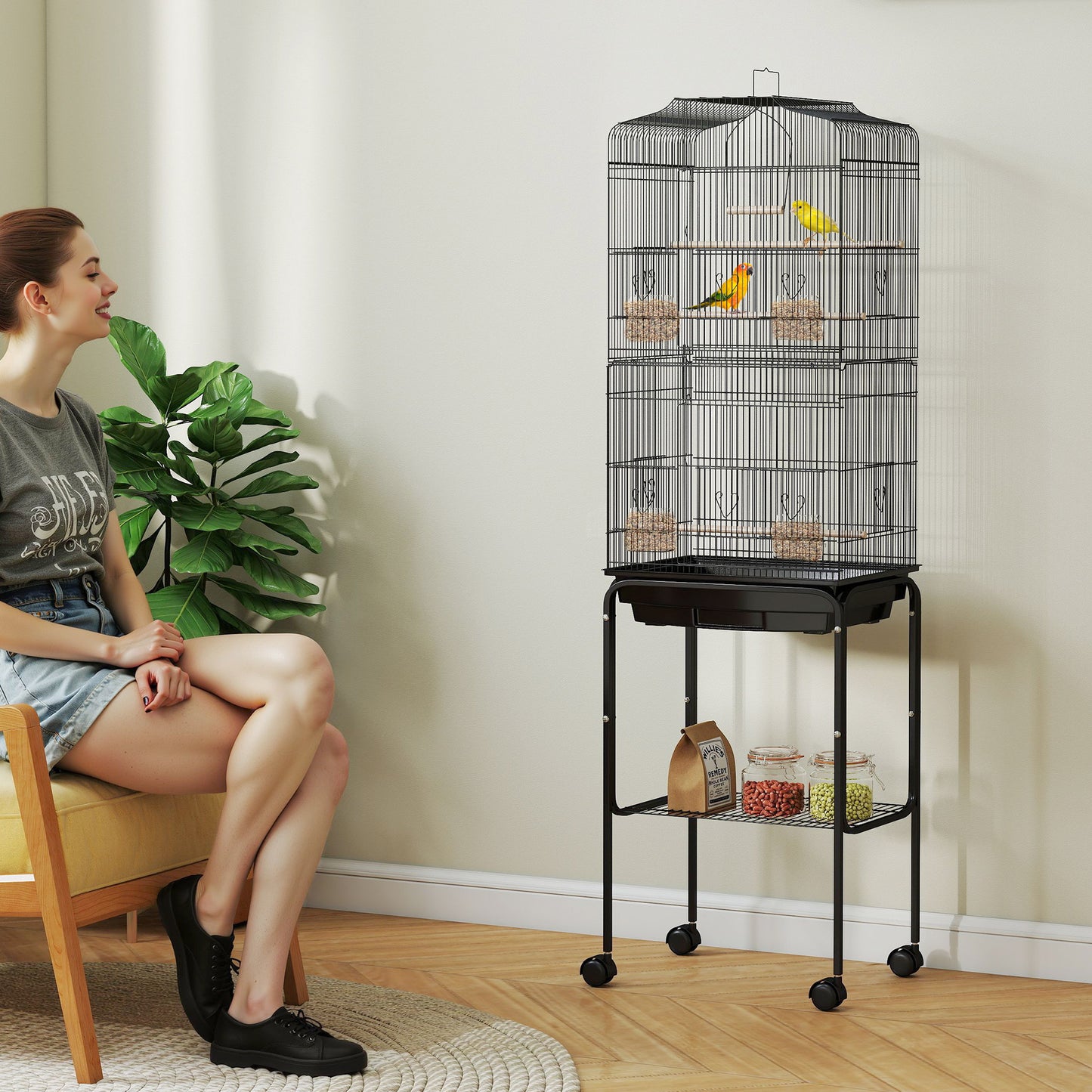 Bird Cage Budgie Cages for Finch Canary Parakeet with Stand Wheels Slide-out Tray Accessories Storage Shelf