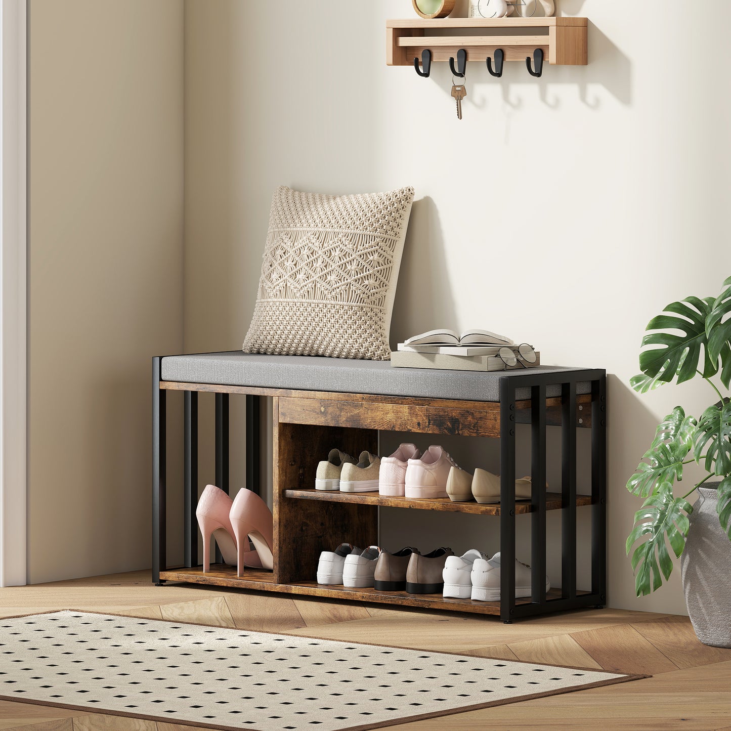 Shoe Storage with Seat, Upholstered Entryway Bench, Shoe Bench with 3 Open Shelves for Hallway, Rustic Brown