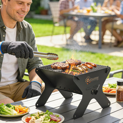 2-In-1 Portable BBQ Grill and Camping Fire Pit, Tabletop Charcoal Barbecue Grill with Gripper, Gloves and Carry Bag