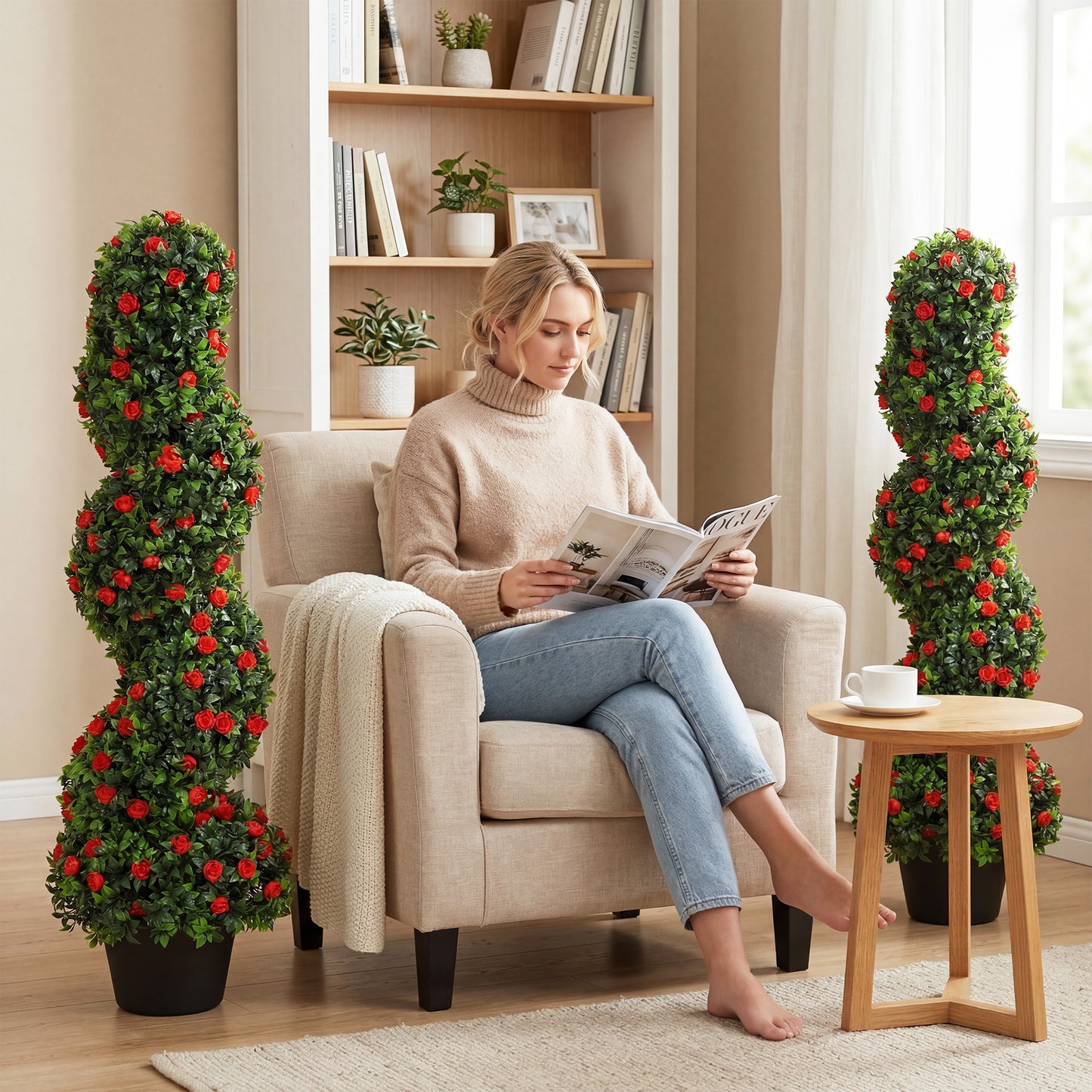 Decorative Artificial Plants Set of 2, UV Resistant Fake Plants in Pot for Indoor Outdoor Decor, 90cm, Red