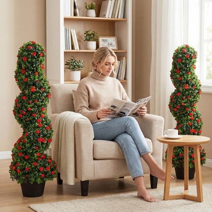 Decorative Artificial Plants Set of 2, UV Resistant Fake Plants in Pot for Indoor Outdoor Decor, 90cm, Red