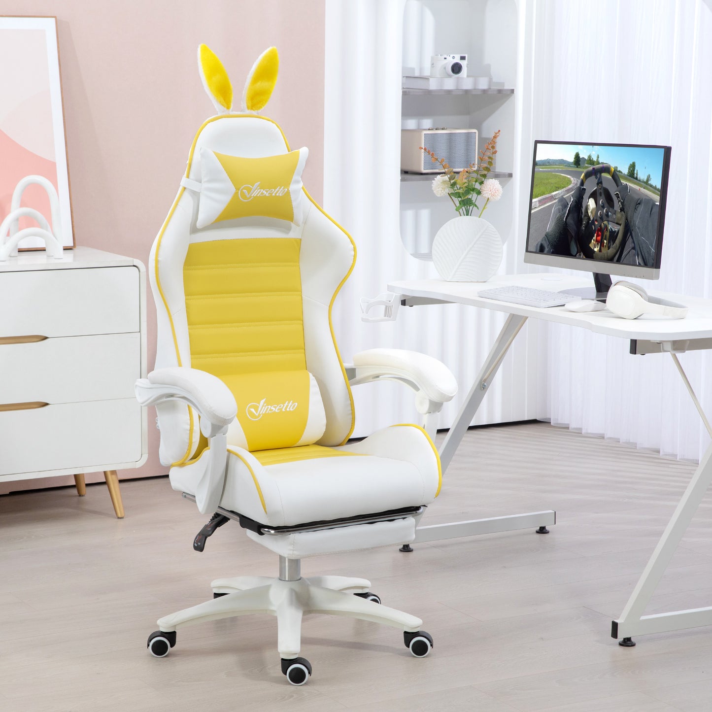 Gaming Chair with Rabbit Ears and Footrest, Ergonomic Computer Chair for Girls Adults, with Headrest, Lumbar Support