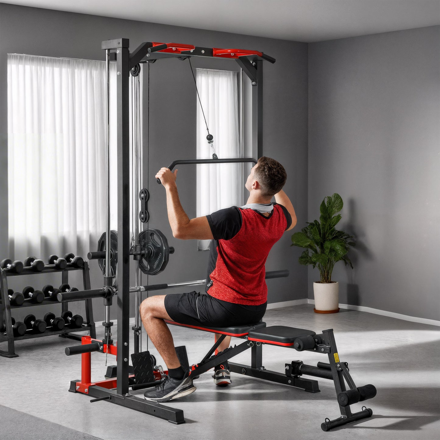 Cable Crossover Machine, Multi-Function Power Rack with Pull Up Bar, Lat Pull Down System, Squat Rack, Barbell Bar