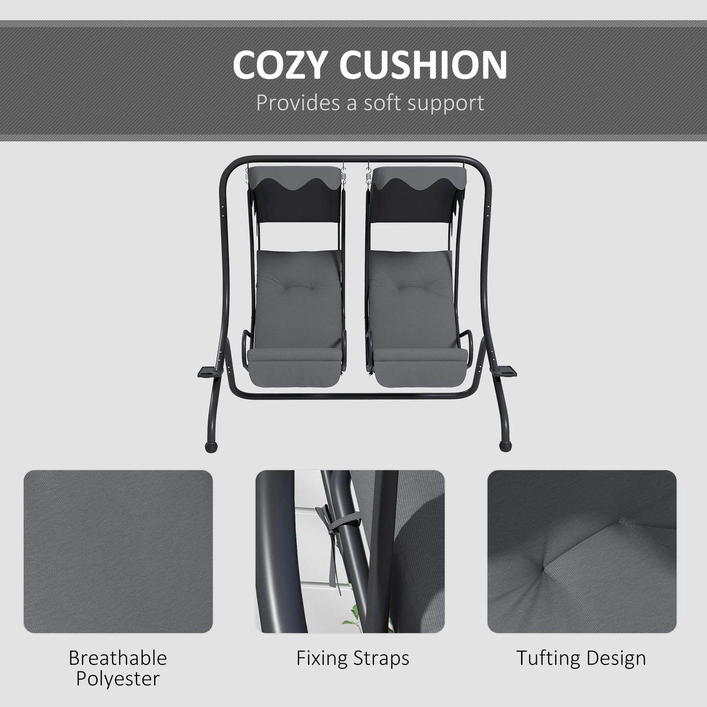 Two-Seat Garden Swing Chair, with Protective Canopy - Grey