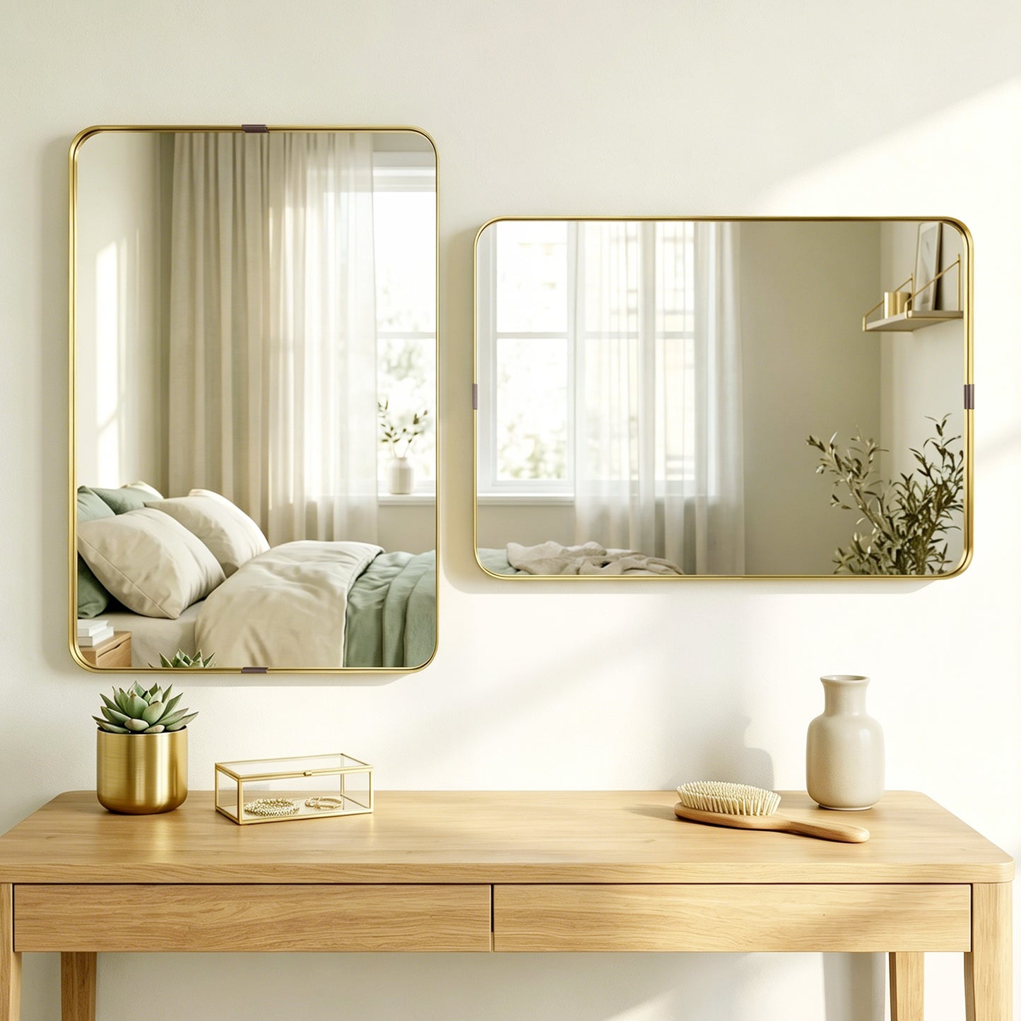 Rectangular Wall Mirror, 90 x 60 cm Wall Mounted Bathroom Mirror w/ Aluminium Alloy Frame and Tempered Glass, Gold Tone
