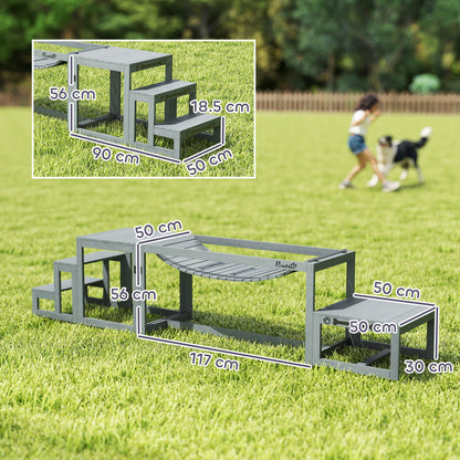 3 Pieces Wooden Dog Agility Training Equipment with Soft Bridge, Pause Platform and Pet Stair for Outdoor, Grey