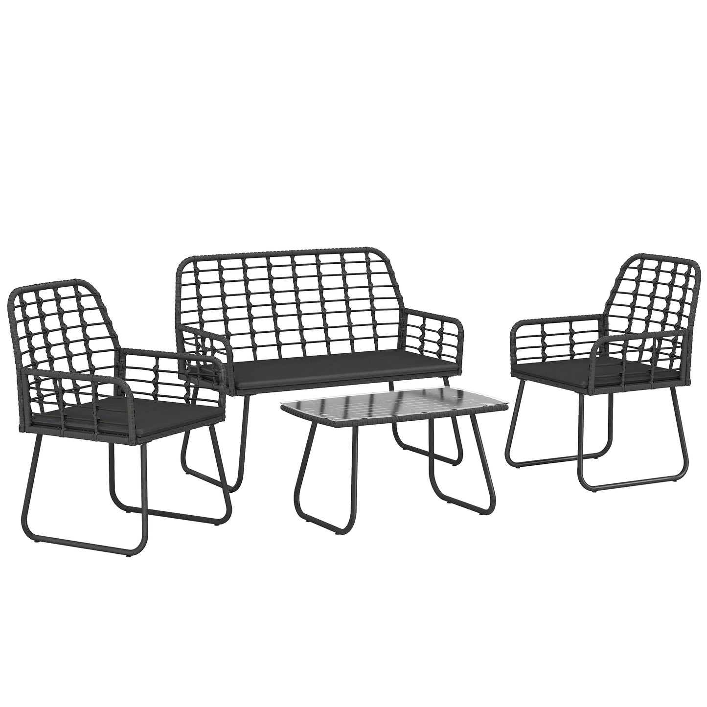 4 Piece Rattan Garden Furniture Set, Outdoor Patio Furniture with Loveseat, Armchairs and Coffee Table