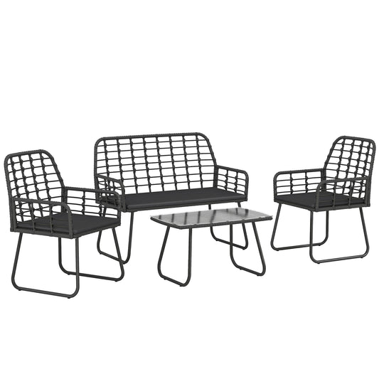 4 Piece Rattan Garden Furniture Set, Outdoor Patio Furniture with Loveseat, Armchairs and Coffee Table