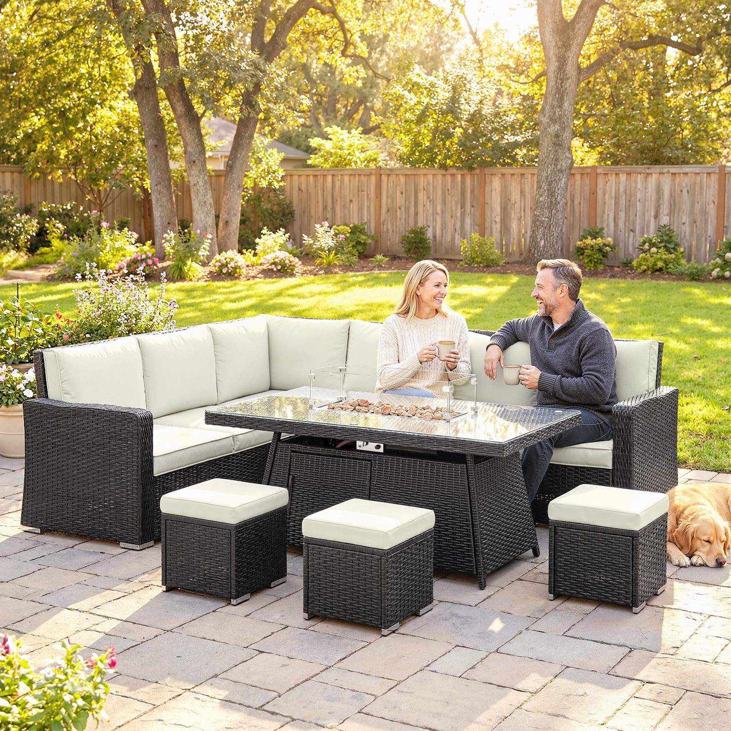 7 Pieces PE Rattan Garden Furniture Set, 50,000 BTU Gas Fire Pit Table, Double Corner Sofa and 3 Footstools