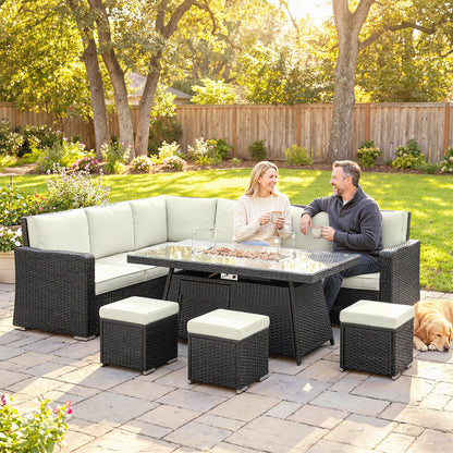7 Pieces PE Rattan Garden Furniture Set, 50,000 BTU Gas Fire Pit Table, Double Corner Sofa and 3 Footstools