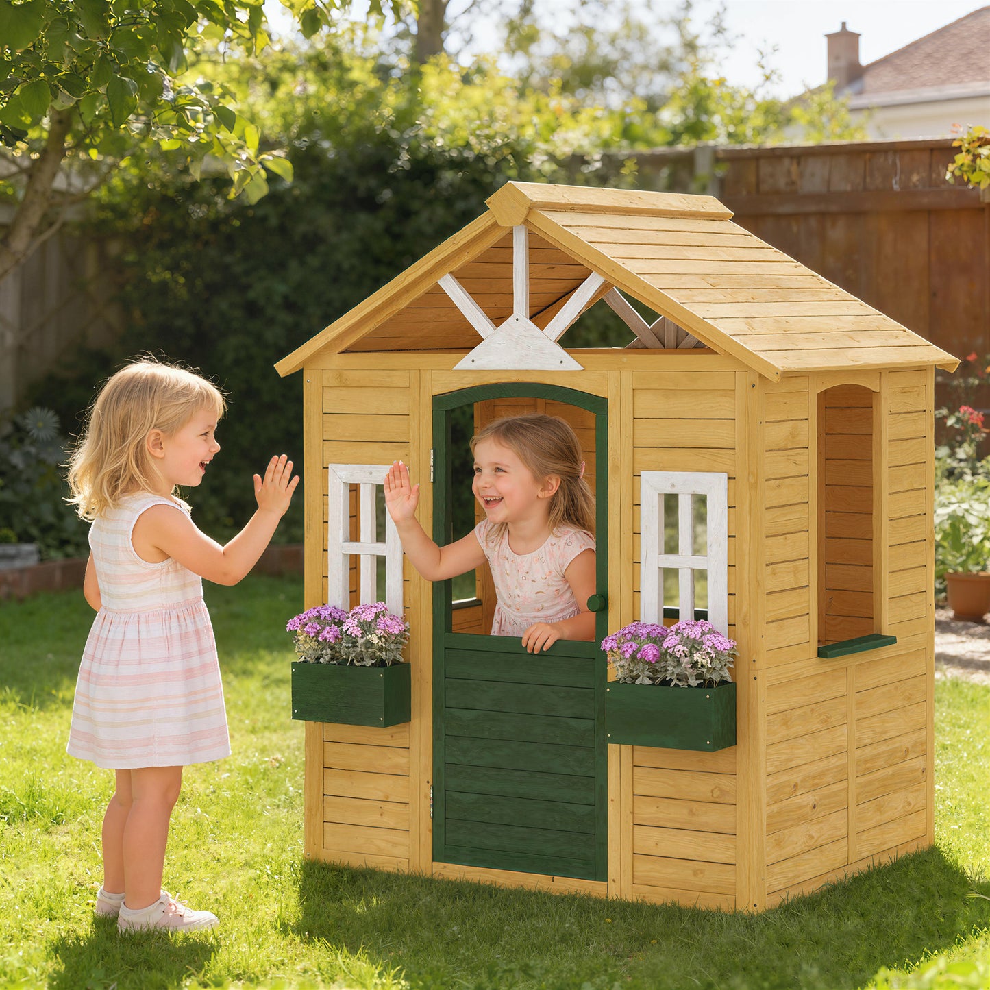 Outdoor Kids Playhouse, Wooden Wendy House with Door, 3 Windows, 2 Flower Boxes for Garden, Indoor Playroom
