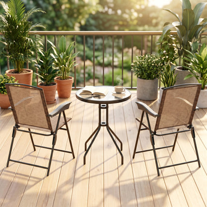 3 Piece Outdoor Bistro Set, Patio Conversation Furniture Set with 2 Folding Backrest Adjustable Armchairs and Glass Top Coffe