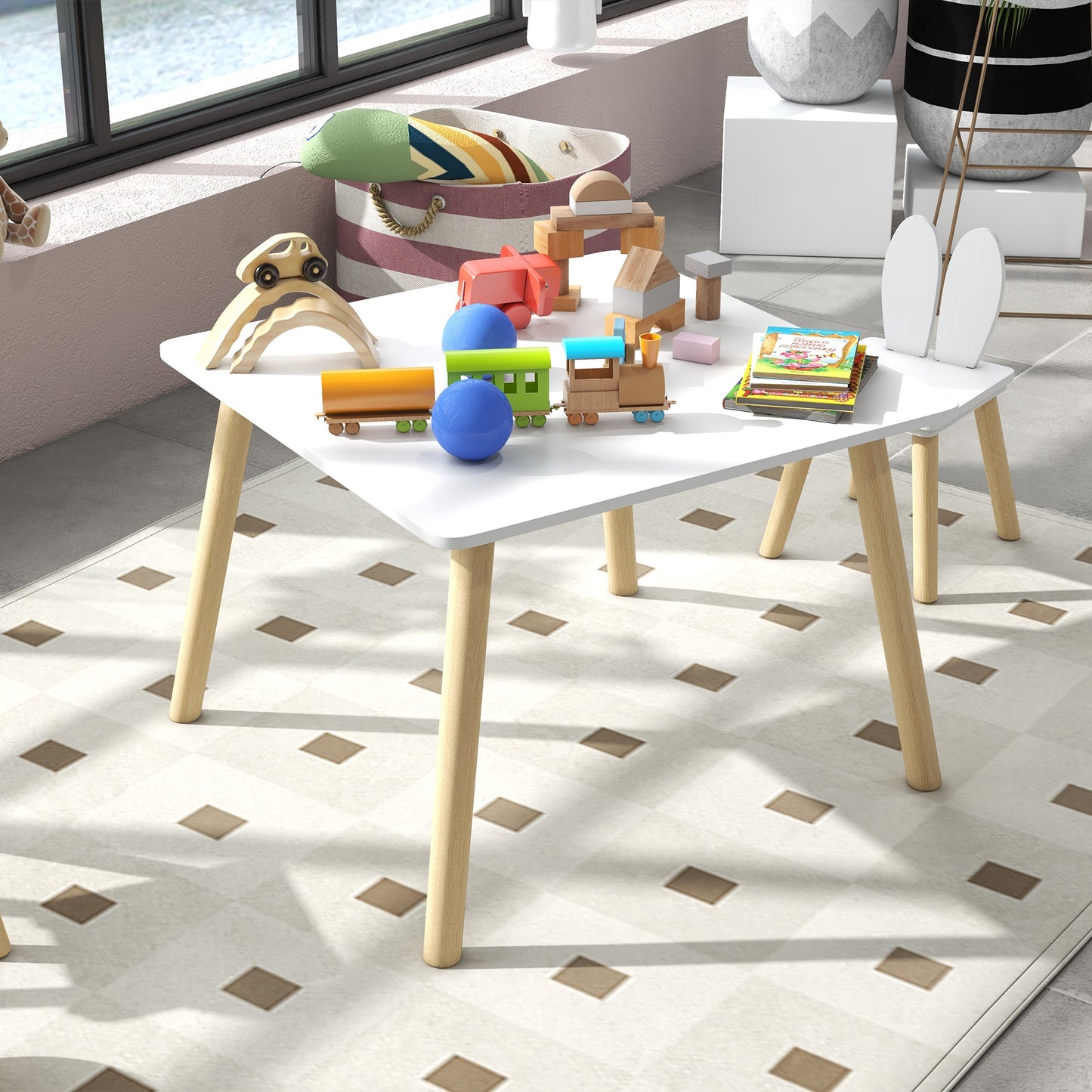 3 Pcs Toddler Table and Chair Set, Kids Desk and 2 Chairs Set w/ Bunny Ear Backrest, for Nursery, Playroom