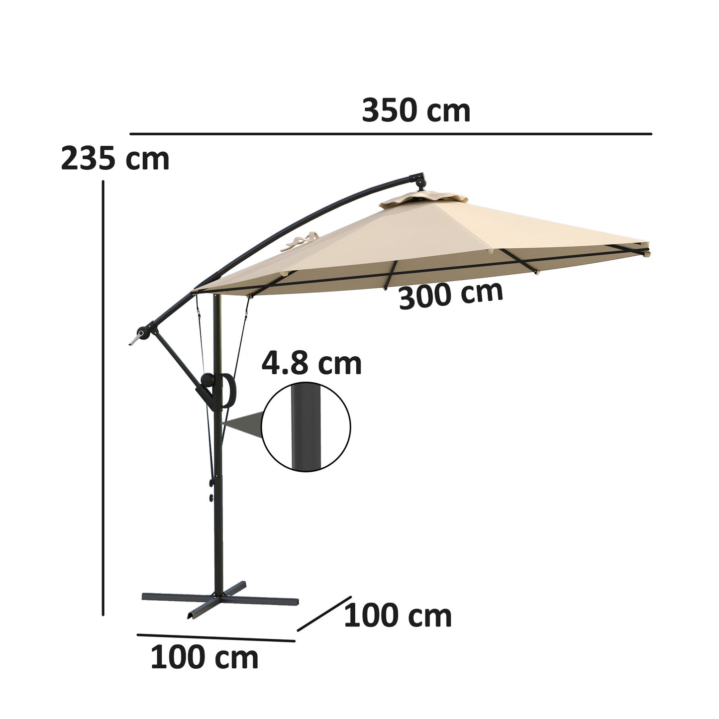 3(m) Garden Cantilever Parasol with Cover and Wind Protection Strap, Round Overhanging Umbrella with Crank Handle and Tilt